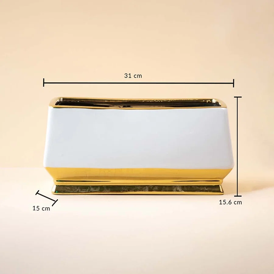 White rectangular ceramic vase with gold detailing shown with measurements of 31 cm length and 15.6 cm height against a soft beige backdrop emphasizing its sleek proportions.