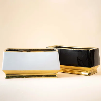 Set of two rectangular ceramic vases in contrasting black and white colors with gold bases and rims arranged together on a beige background showcasing sophisticated decor pairing.