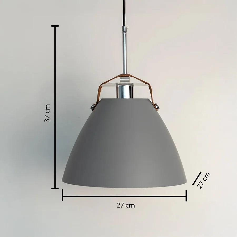 Dimension image of matte grey metal pendant light with handle detail showing 37 cm height and 27 cm width.