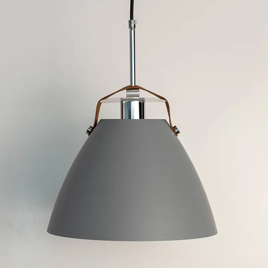 Grey metal dome pendant light with steel frame crafted for stylish kitchens and dining rooms.