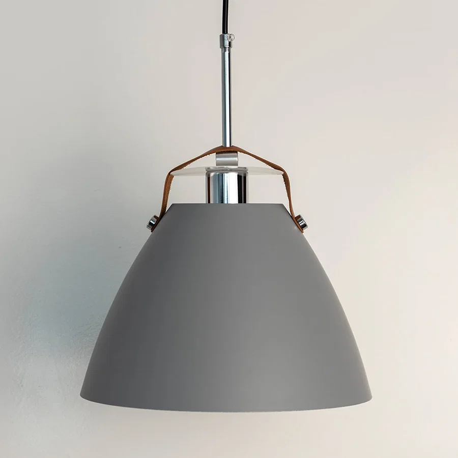 Grey metal dome pendant light with steel frame crafted for stylish kitchens and dining rooms.