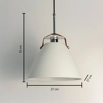 Dimension image of matte white metal pendant light with handle detail showing 36 cm height and 27 cm width.