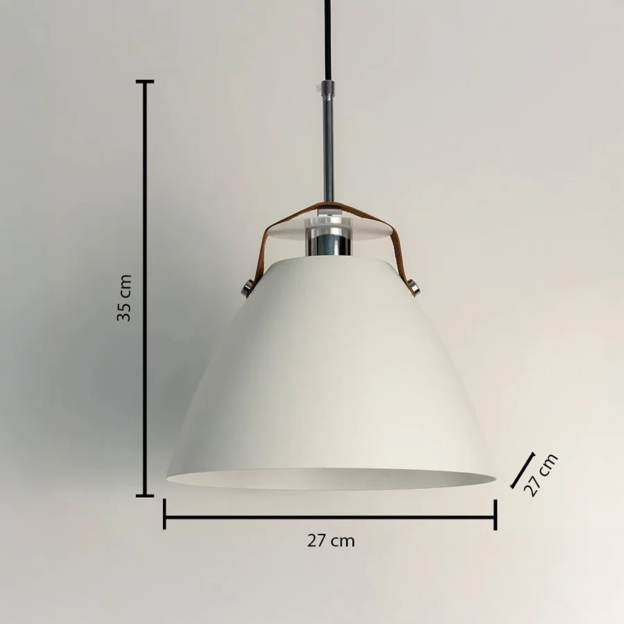 Dimension image of matte white metal pendant light with handle detail showing 36 cm height and 27 cm width.