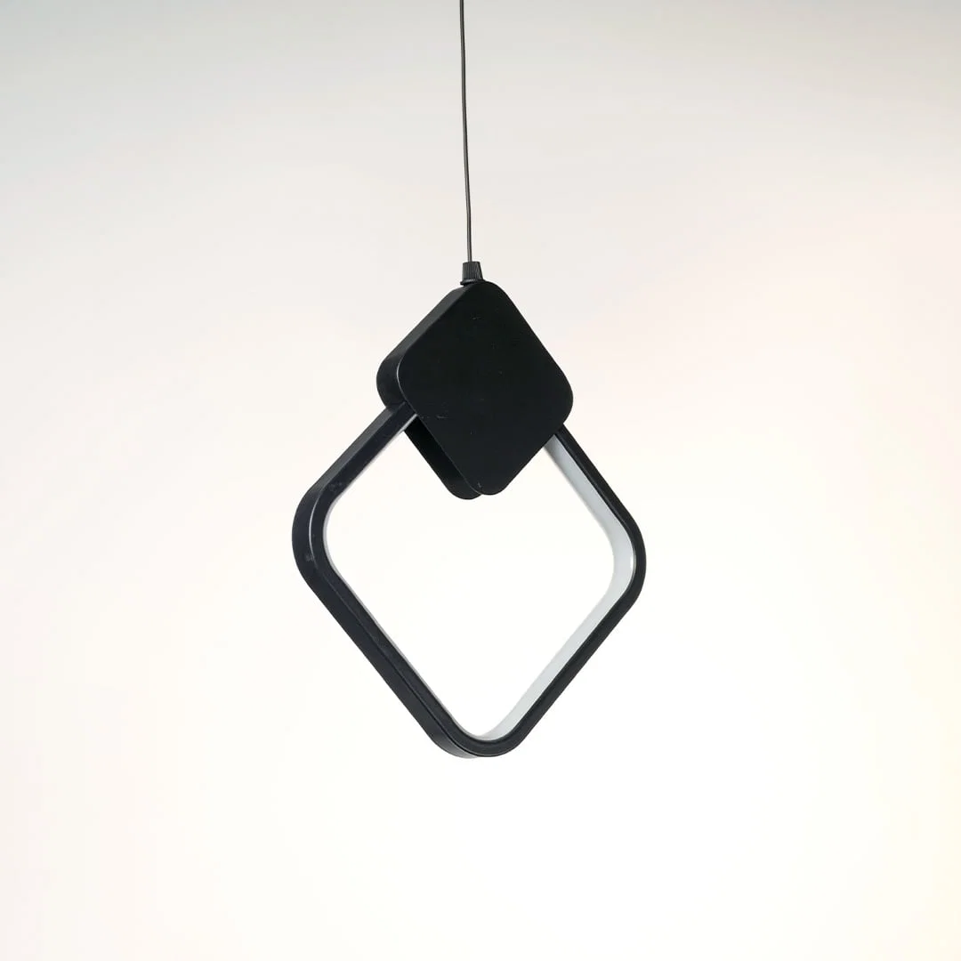 Black metal pendant light with geometric square ring design crafted for stylish contemporary interiors.