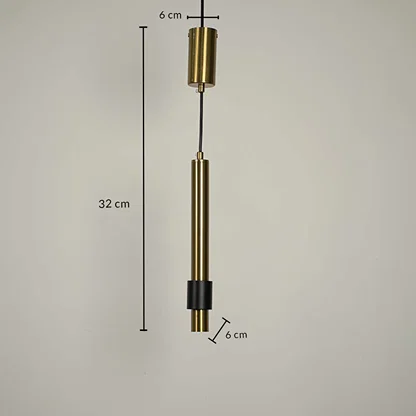 Dimension image of brass and black metal wall light showing 32 cm height and slim profile for modern hallway decor.