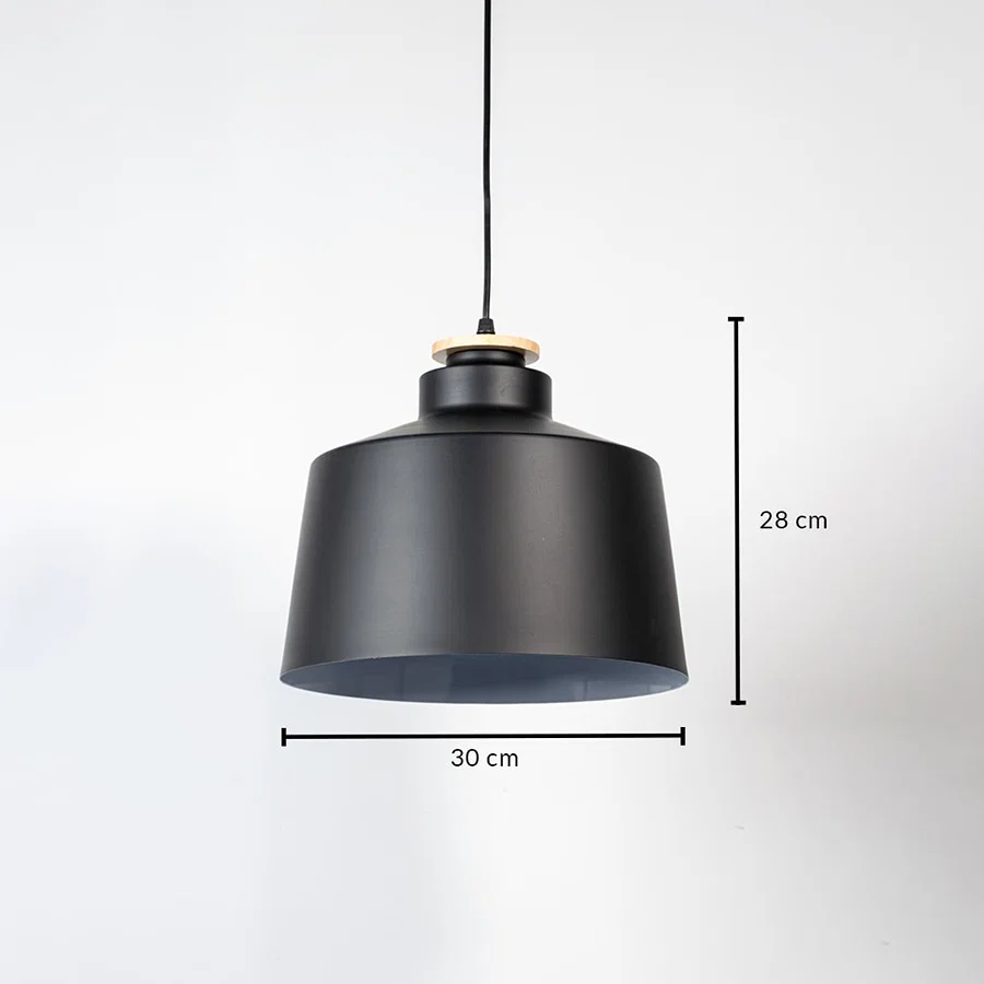 Black metal pendant light measuring 30 cm width and 28 cm height crafted for stylish ceiling lighting decor.