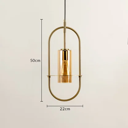 Gold metal frame pendant light dimension image with 22 cm width and 50 cm height for luxury bedside placement.