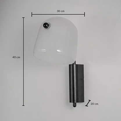 Frosted white glass wall lamp with black metal base dimension 40 cm height 30 cm width 20 cm depth for living room decor.