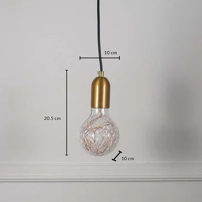 Dimension image of faceted clear glass pendant light with brushed brass holder showing 20.5 cm height and 10 cm width.