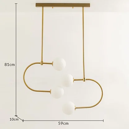 Modern gold metal cluster pendant light dimension image with 59 cm width and 81 cm height for dining room placement.