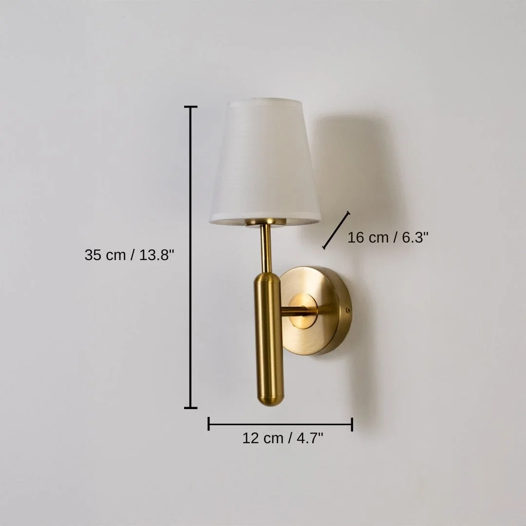 Gold metal wall light with white fabric shade, base 35 x 12 x 16 cm (13.8 x 4.7 x 6.3 inches), canopy 12 x 12 cm (4.7 x 4.7 inches) dimensions