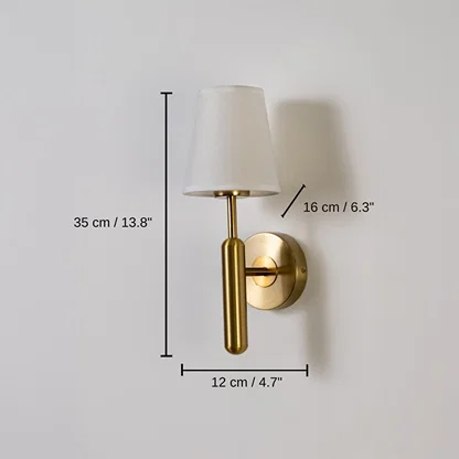 Gold metal wall light with white fabric shade, base 35 x 12 x 16 cm (13.8 x 4.7 x 6.3 inches), canopy 12 x 12 cm (4.7 x 4.7 inches) dimensions