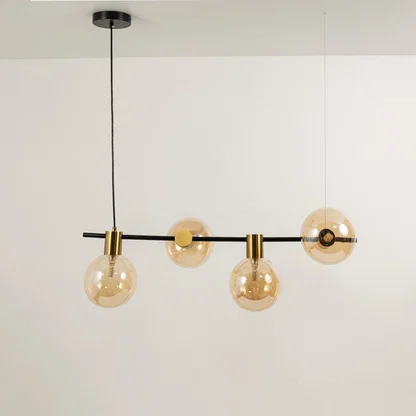 Amber glass chandelier displayed on white background with lights off showcasing geometric alignment and refined modern finish.