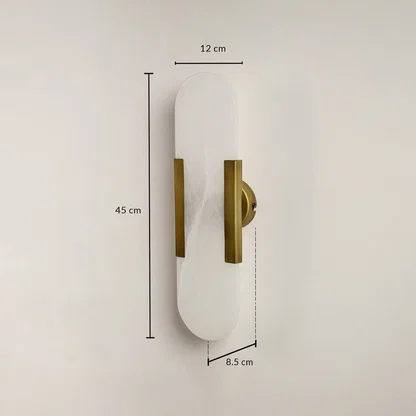 Marble gold wall light with 45 cm height 12 cm width and 15 cm depth for modern decor spaces.