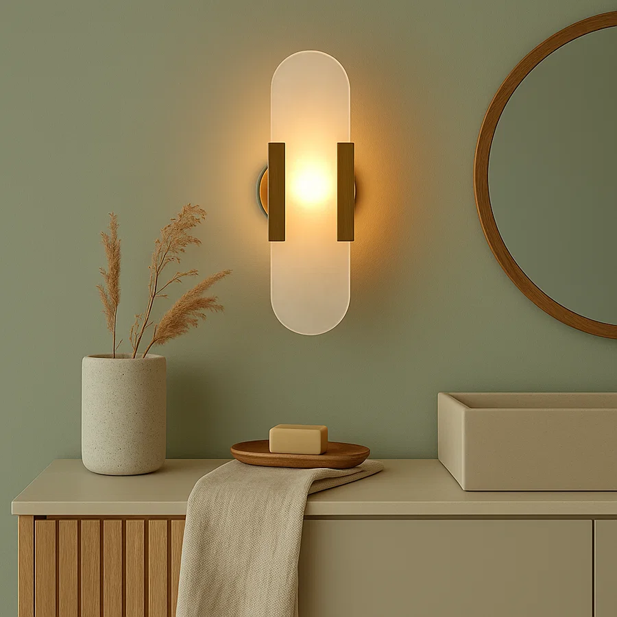 Modern white marble wall light with warm glow for stylish bedroom and contemporary decor spaces.
