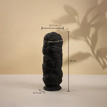 Black textured ceramic vase on white background showing height 30 cm and width 11.5 cm ideal for console tables and decorative corners.