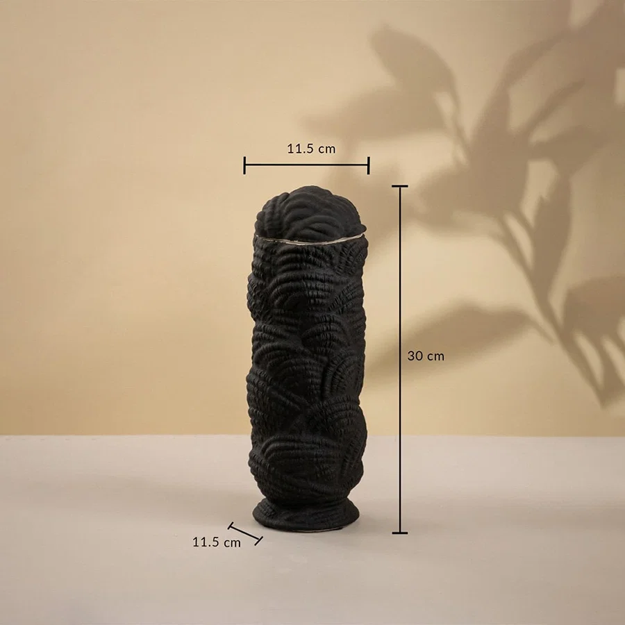 Black textured ceramic vase on white background showing height 30 cm and width 11.5 cm ideal for console tables and decorative corners.