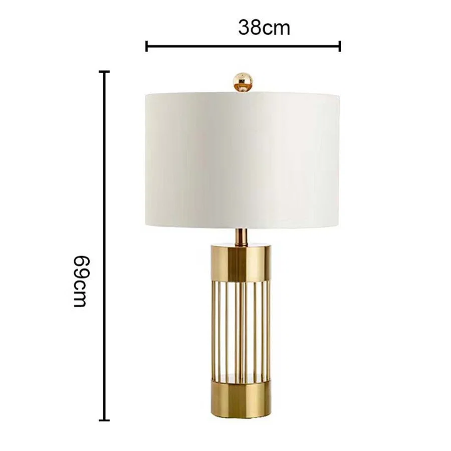 White shade gold column table lamp with visible size 69cm height and 38cm width with light off for modern luxury décor display.