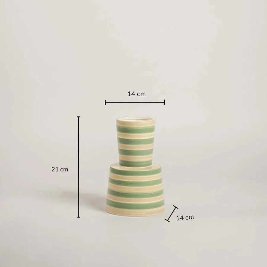 Dimension image of a green striped ceramic vase showing height 21 cm and width 14 cm clearly displayed against a soft white background.