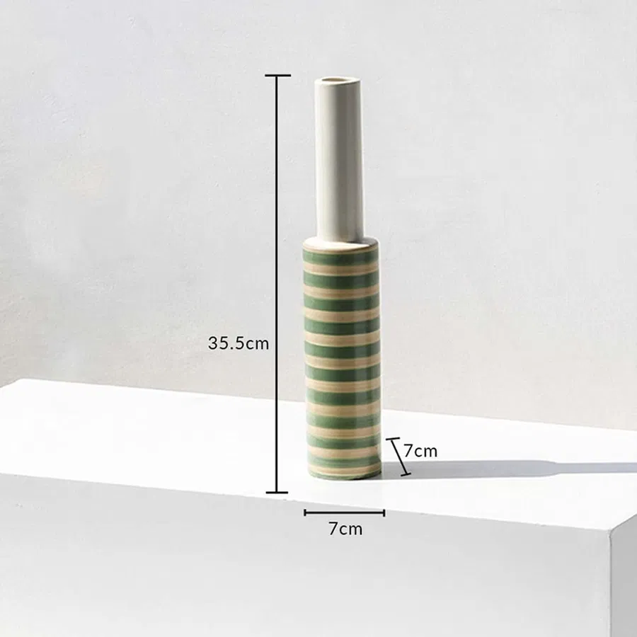 A striped decorative vase shown with dimensions marking 35.5 cm height and 7 cm width clearly displaying its slim tall structure for accurate product understanding.