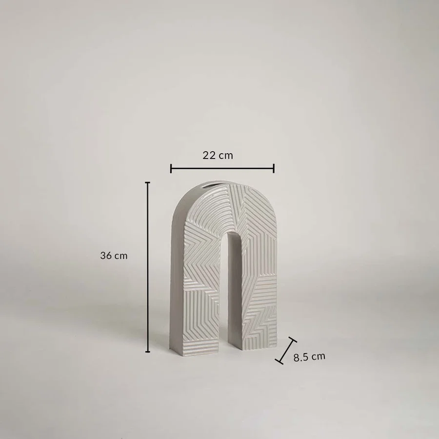 Dimension image of modern grey ceramic arch vase with textured geometric lines showing 35 cm height and 22 cm width.
