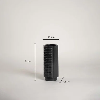 Black ceramic vase with 26 cm height and 11 cm width shown clearly for accurate size reference and home decor planning.