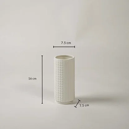 White ceramic textured vase with 16 cm height and 7.5 cm width shown for accurate size reference.