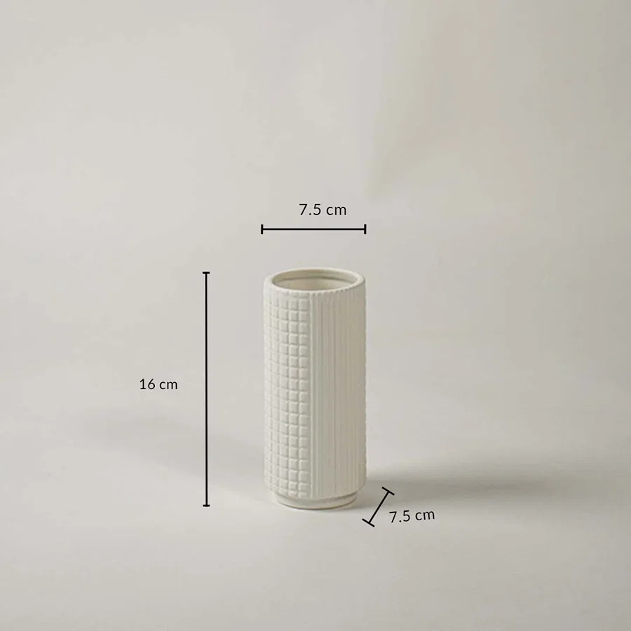 White ceramic textured vase with 16 cm height and 7.5 cm width shown for accurate size reference.
