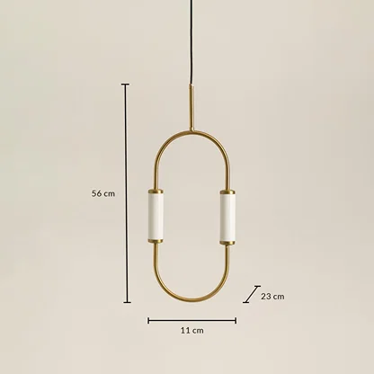 Gold metal arch pendant light dimension image with 11 cm width and 56 cm height for luxury bedside placement.