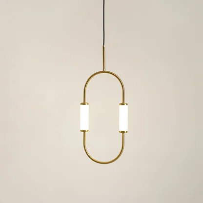 Gold metal hanging pendant light with oval frame and white shades on white background perfect for modern dining and living decor.