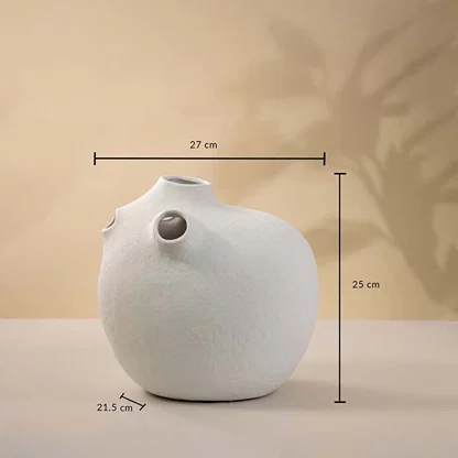 Dimension image of matte white textured bulbous ceramic vase with multiple small spouts showing 25 cm height and 27 cm width.