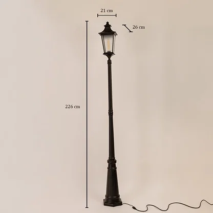 Dimension view of black metal outdoor lamp post measuring 226 cm height 21 cm width and 26 cm depth for exterior lighting.