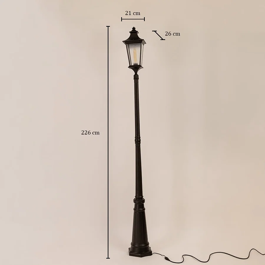Dimension view of black metal outdoor lamp post measuring 226 cm height 21 cm width and 26 cm depth for exterior lighting.
