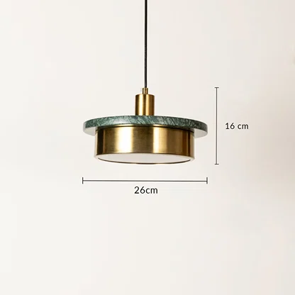 Green marble and gold metal pendant light dimension image with 26 cm width and 16 cm height for dining room placement.