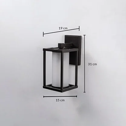Black metal outdoor wall sconce dimension image showing 19cm by 31cm by 13cm measurements for correct patio porch placement.