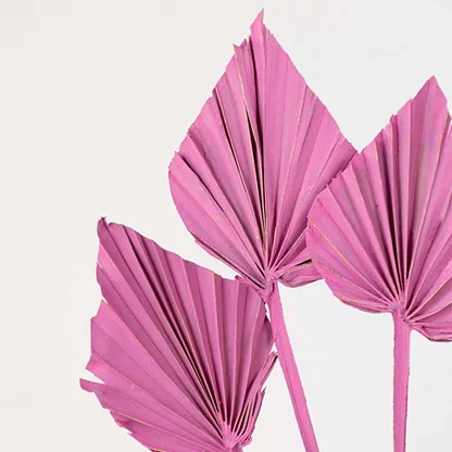 Closeup of pink decorative palm leaf stem with folded fan design highlighting bold color and textured modern decor detail.