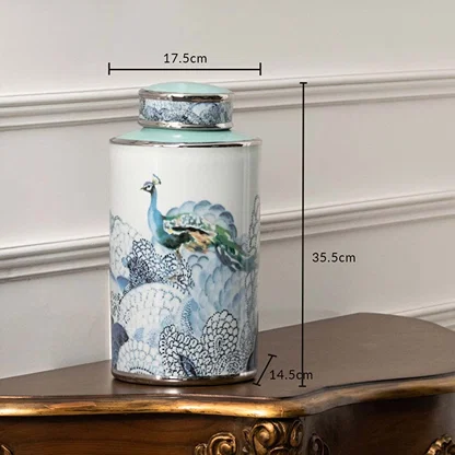 Tall white ceramic jar with blue scenic artwork in a front view perfect for sophisticated living room décor and modern display styling.