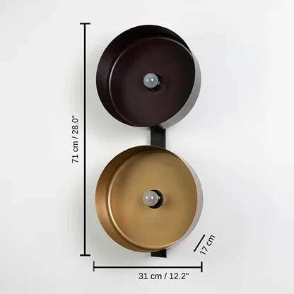 Wall light with bronze and gold bowls, 71 x 17 x 31 cm (28.0 x 6.7 x 12.2 inches) dimensions