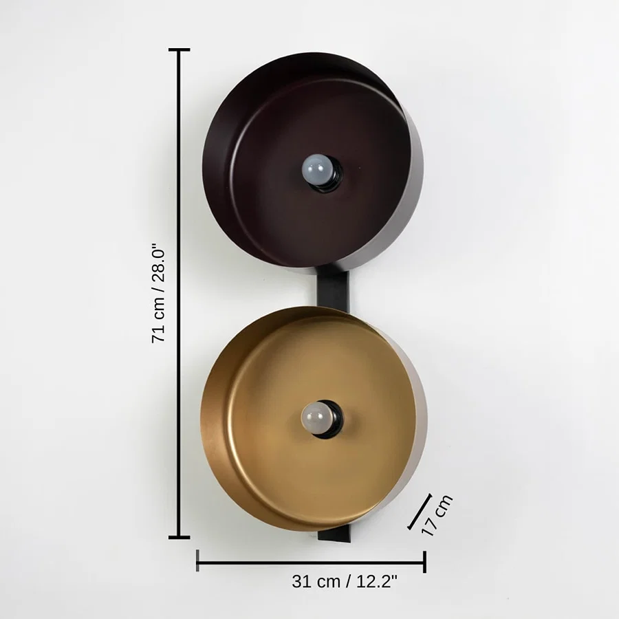 Wall light with bronze and gold bowls, 71 x 17 x 31 cm (28.0 x 6.7 x 12.2 inches) dimensions