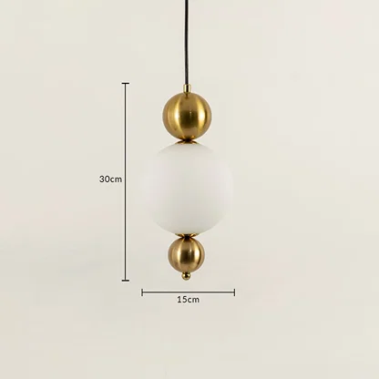 Gold metal and frosted glass pendant light dimension image with 15 cm width and 30 cm height for luxury bedside placement.