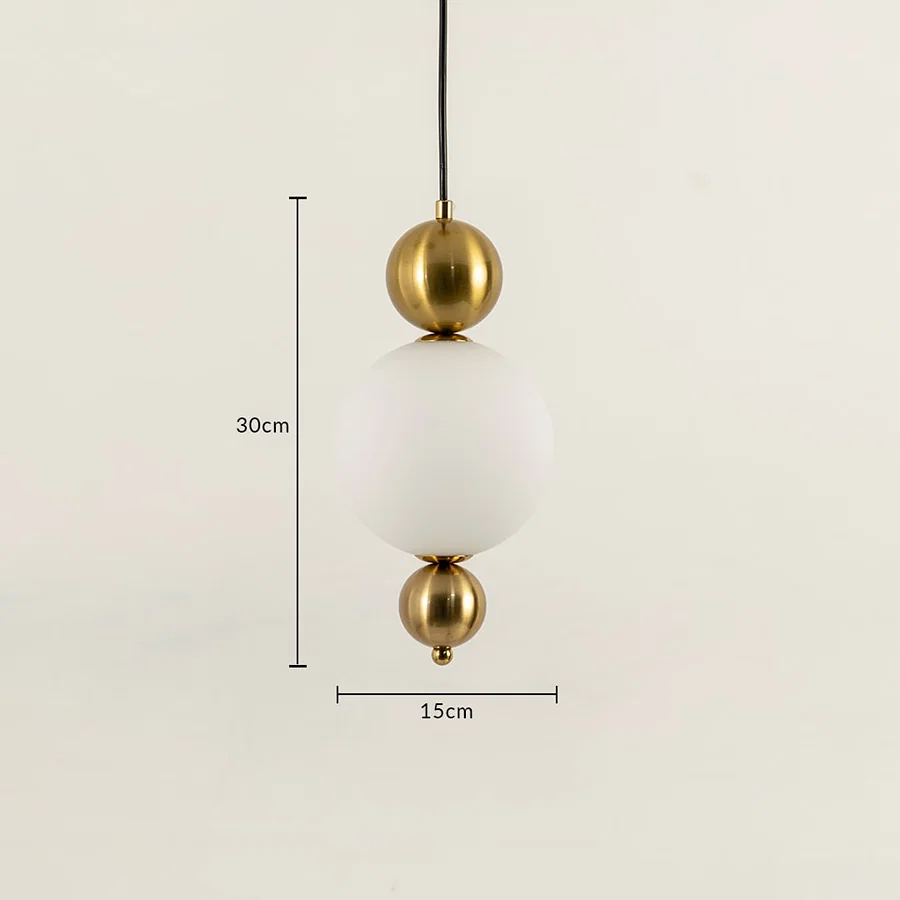 Gold metal and frosted glass pendant light dimension image with 15 cm width and 30 cm height for luxury bedside placement.