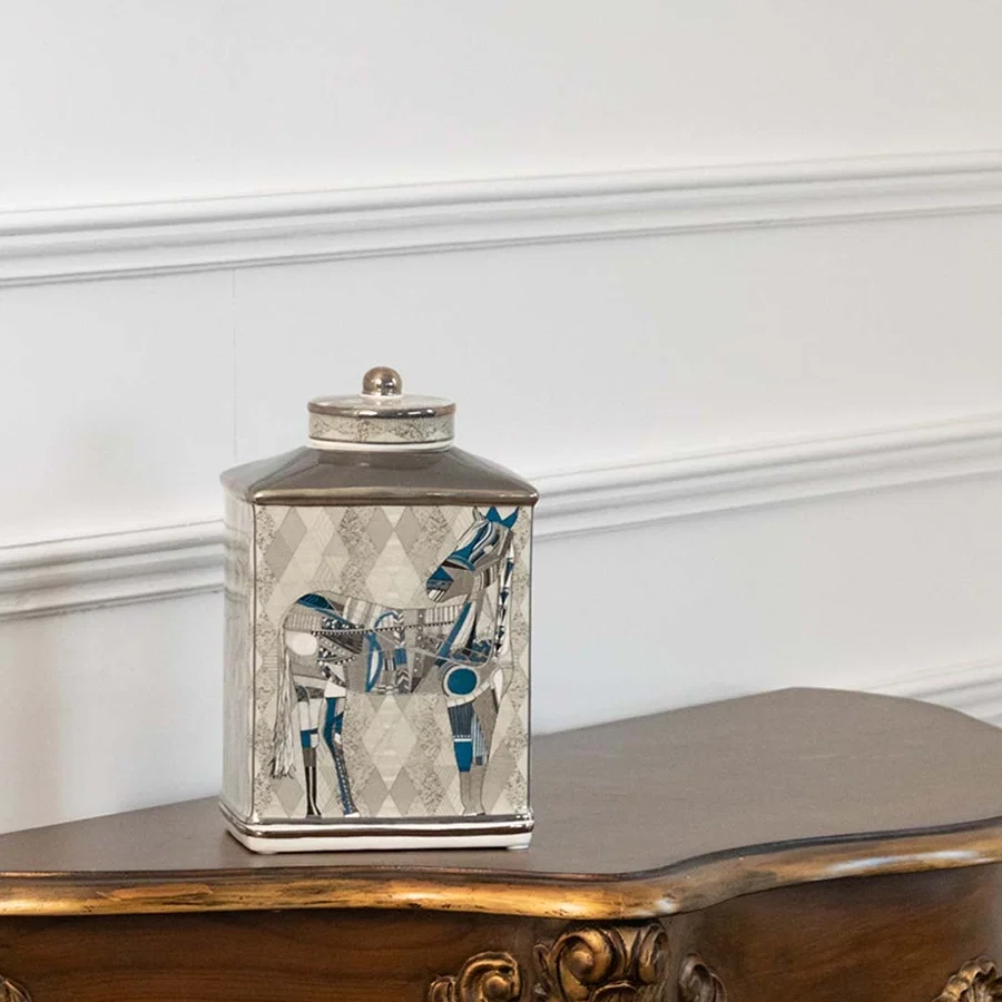 White square ceramic jar with blue horse artwork in a front view measuring 19.5 cm width and 30.5 cm height perfect for luxury console décor.
