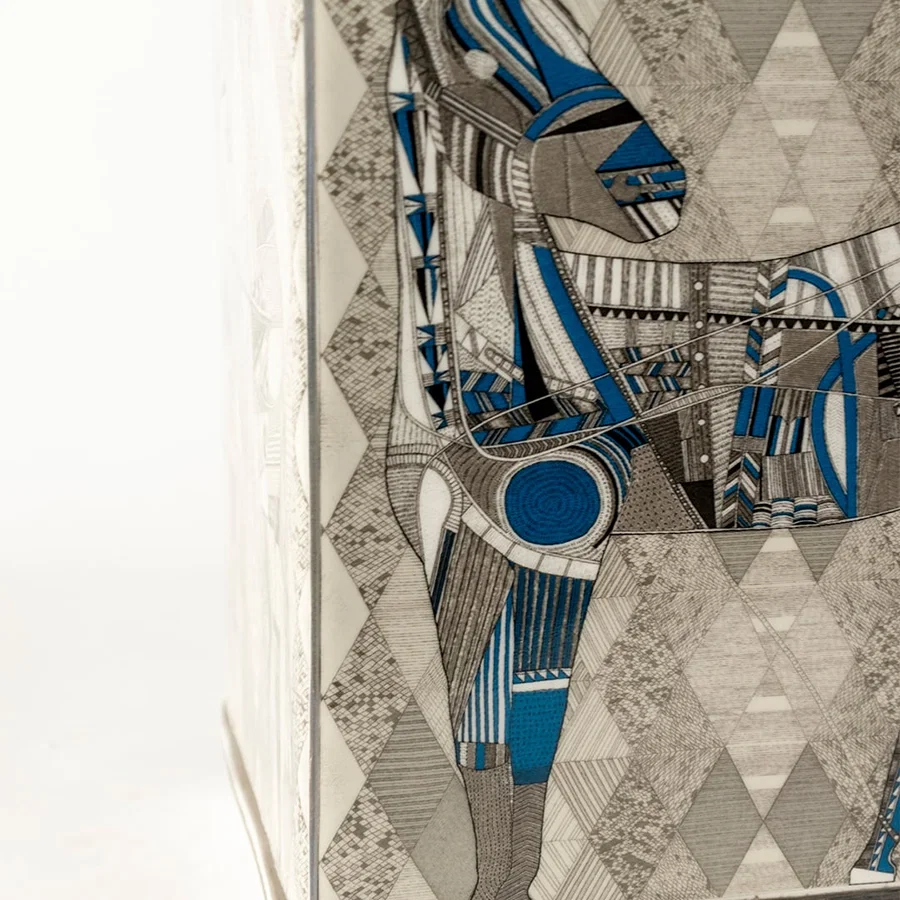 Ceramic jar with abstract geometric equestrian artwork crafted for luxury décor adding bold artistic energy refined detailing and a premium handcrafted statement for elegant interior styling.