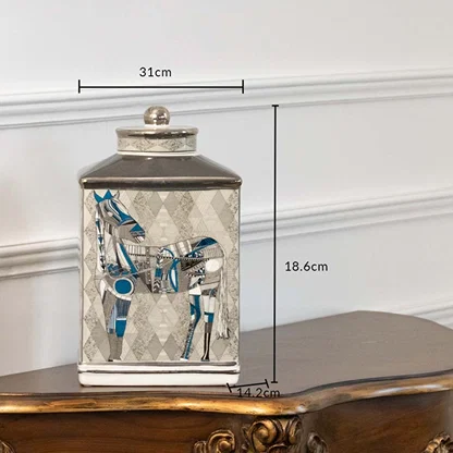White ceramic jar with blue horse artwork measuring 19.5 cm width and 30.5 cm height perfect for luxury living room décor and console styling.