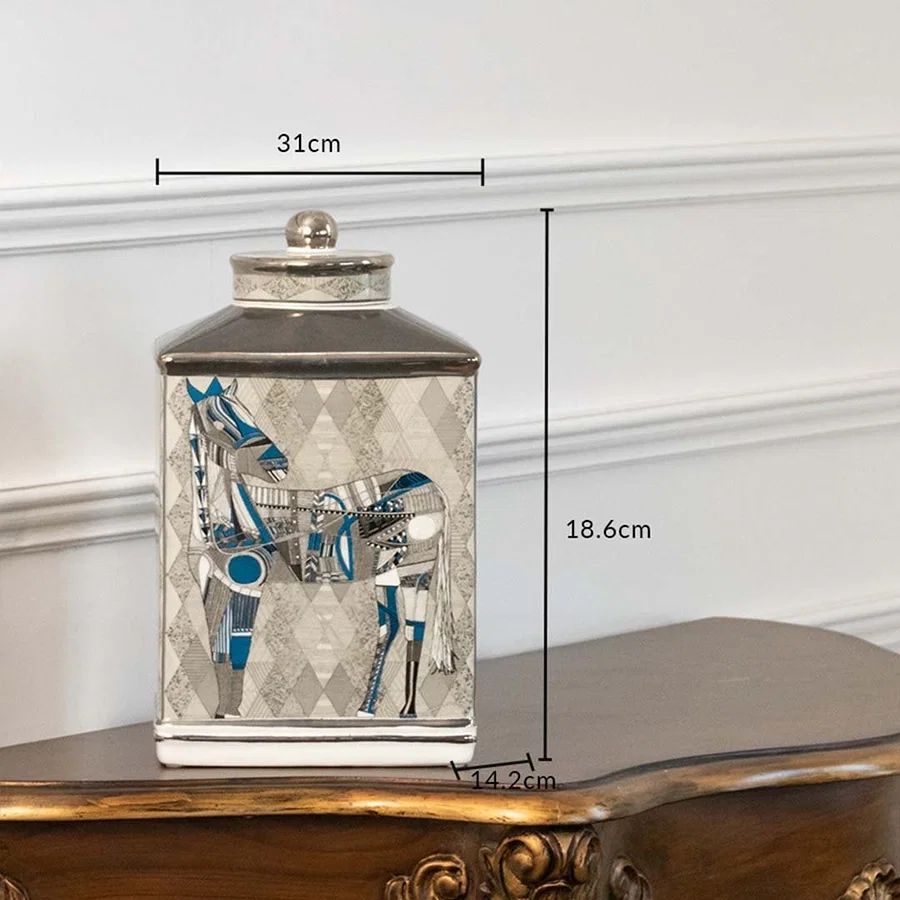 White ceramic jar with blue horse artwork measuring 19.5 cm width and 30.5 cm height perfect for luxury living room décor and console styling.