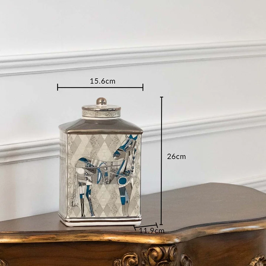 White ceramic jar with blue horse artwork in a front view measuring 15.5 cm width and 26.5 cm height perfect for elegant console décor styling.