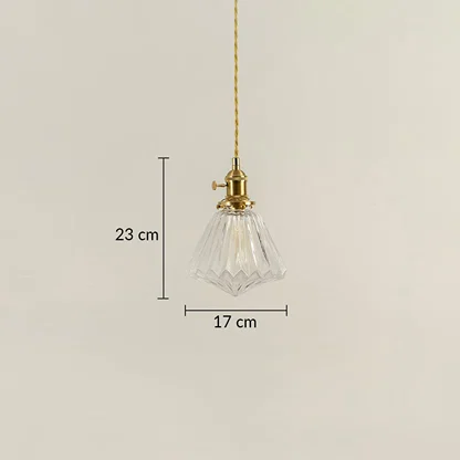 Clear faceted glass and brass pendant light dimension image with 17 cm width and 23 cm height for luxury bedside placement.