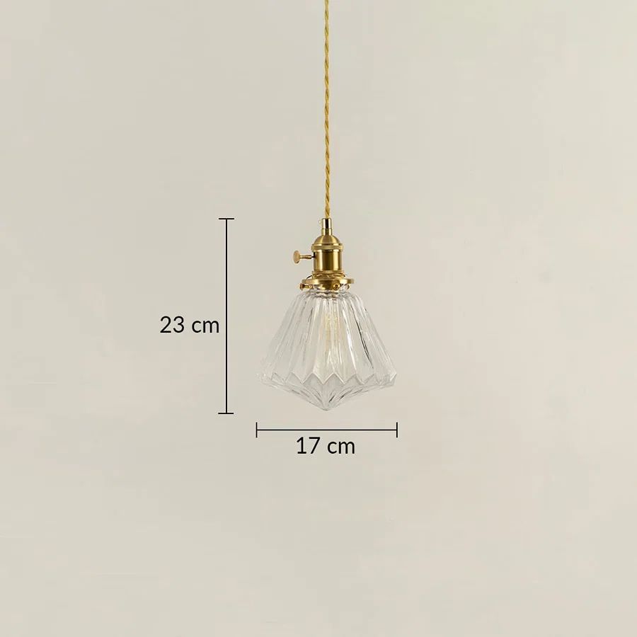 Clear faceted glass and brass pendant light dimension image with 17 cm width and 23 cm height for luxury bedside placement.