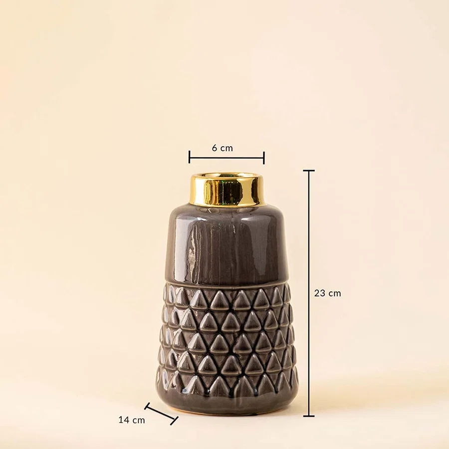 A ceramic vase with golden rim shown on a white background with dimensions clearly marked as 23 cm height 14 cm width at the base and 6 cm opening diameter.