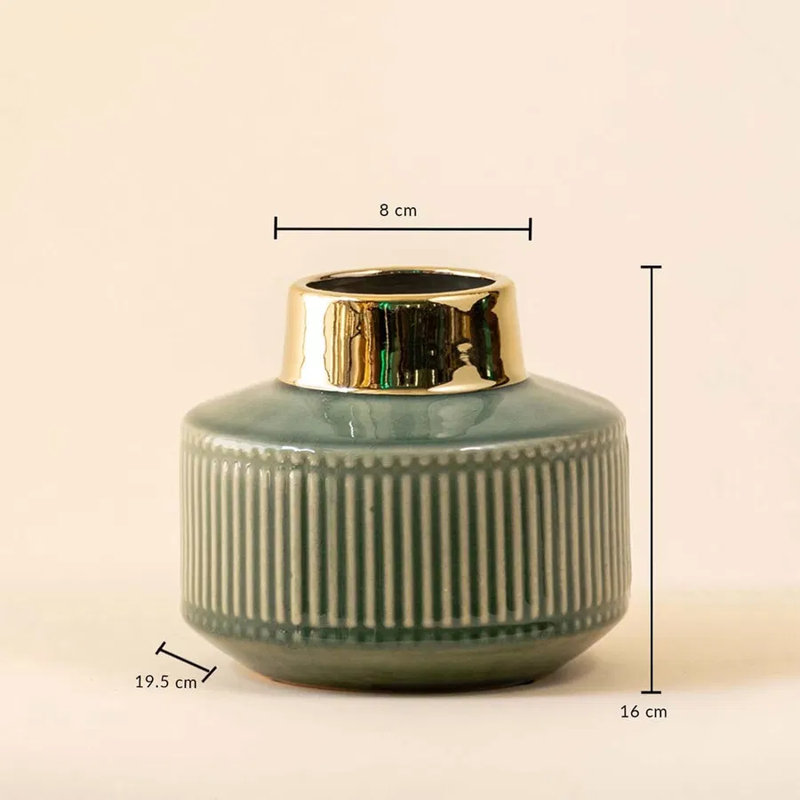 Green ribbed ceramic vase with a gold rim shown with measurements of 16 cm height 19 cm width and 8 cm top diameter for accurate size reference.